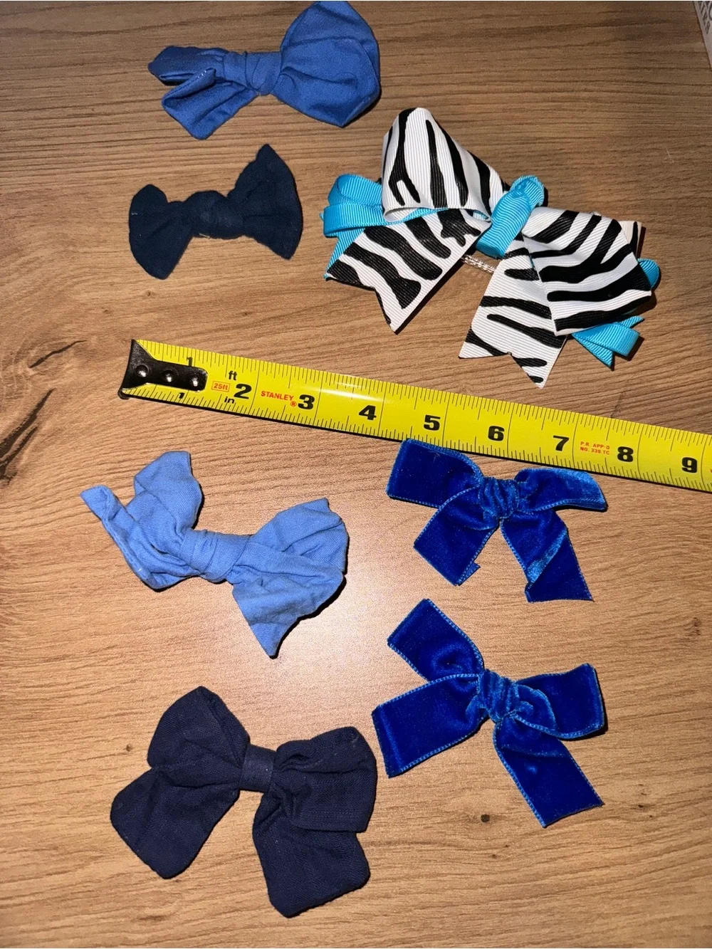7-Piece Girls Blue Hair Bow Clip Lot Zebra Velvet Grosgrain Bundle